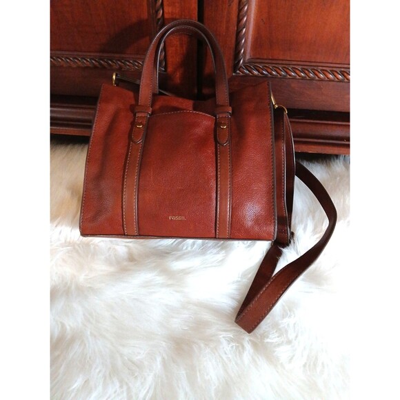 FOSSIL~ KINGSTON Satchel/Crossbody Cognac Leather Bag Logo - Picture 11 of 13